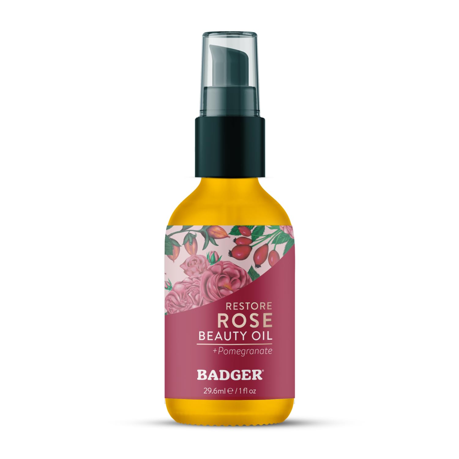 Badger Rose Face Oil bottle closeup shows nourishing organic ingredients