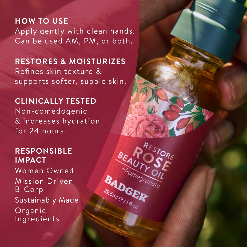 Badger Rose Face Oil glass bottle featured in eco-friendly packaging