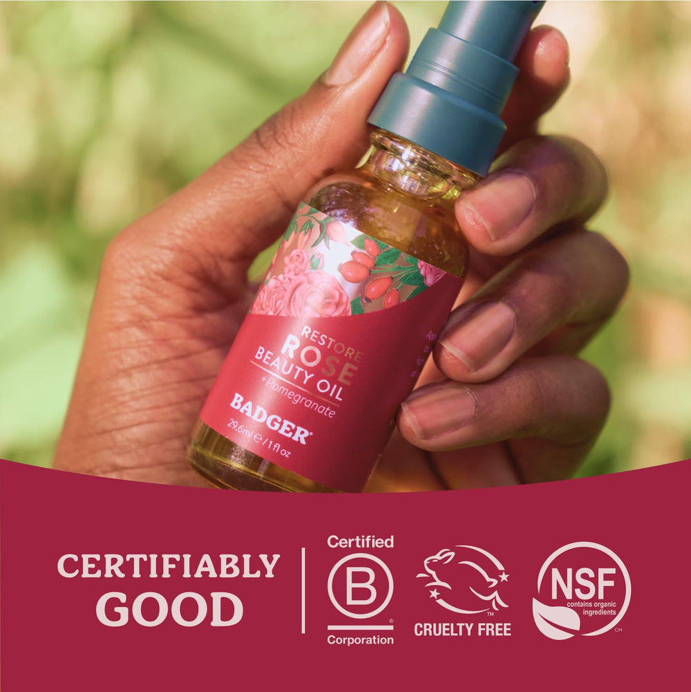 Badger Rose Face Oil 1 oz bottle in daily skincare routine