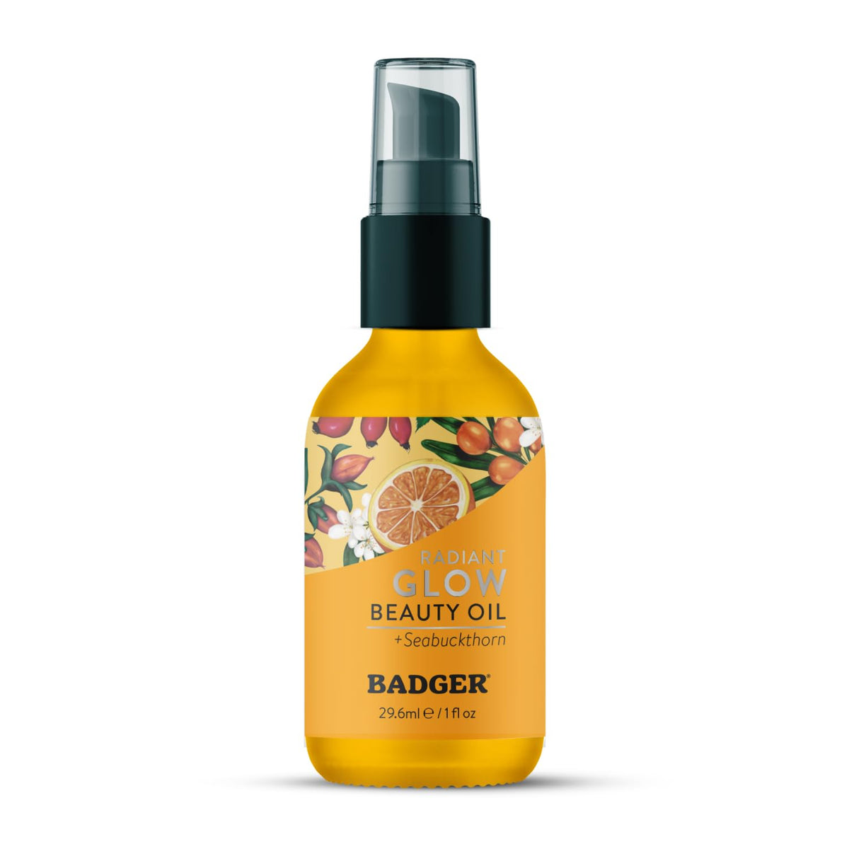 Badger Seabuckthorn Face Oil bottle with glass packaging for radiant hydration.