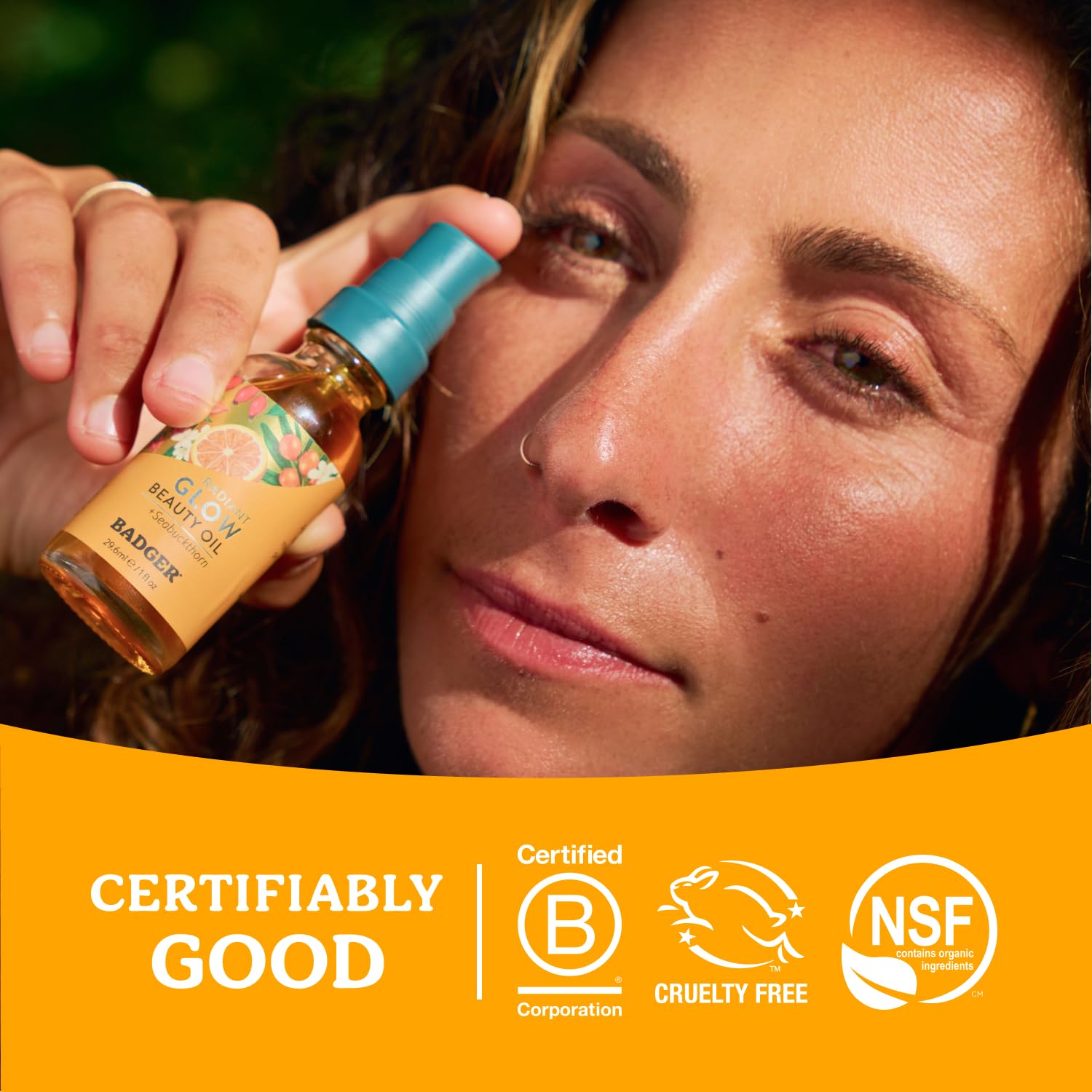 Badger Seabuckthorn Face Oil can be worn under makeup or alone.