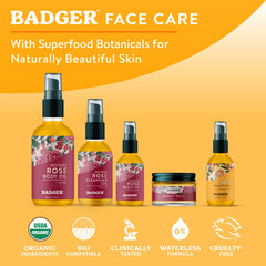 Badger face oil in glass bottle emphasizes sustainable, cruelty-free packaging.