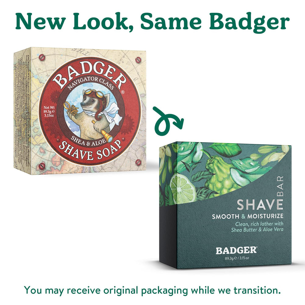 Badger shaving soap puck ingredients panel highlights organic aloe and shea for moisturizing skin.