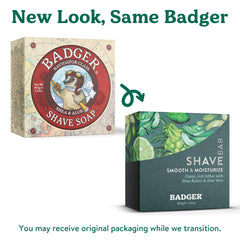 Badger shaving soap puck ingredients panel highlights organic aloe and shea for moisturizing skin.