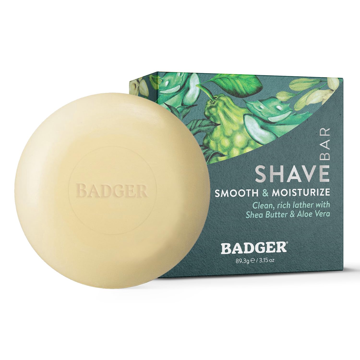 Badger shaving soap puck packaging highlights plastic-free eco-friendly packaging for sustainable grooming.