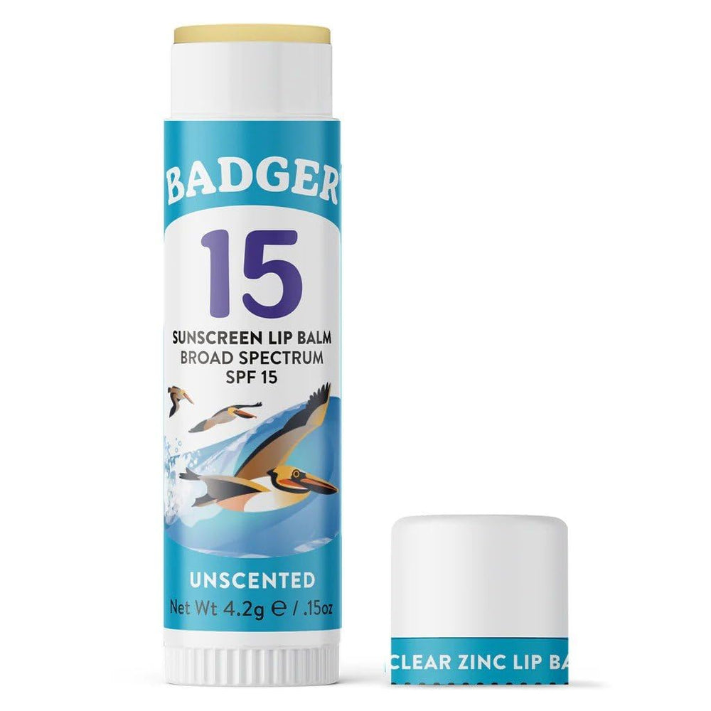 Badger Sunscreen Lip Balm SPF 15 near application image shows mineral zinc protection for lips.
