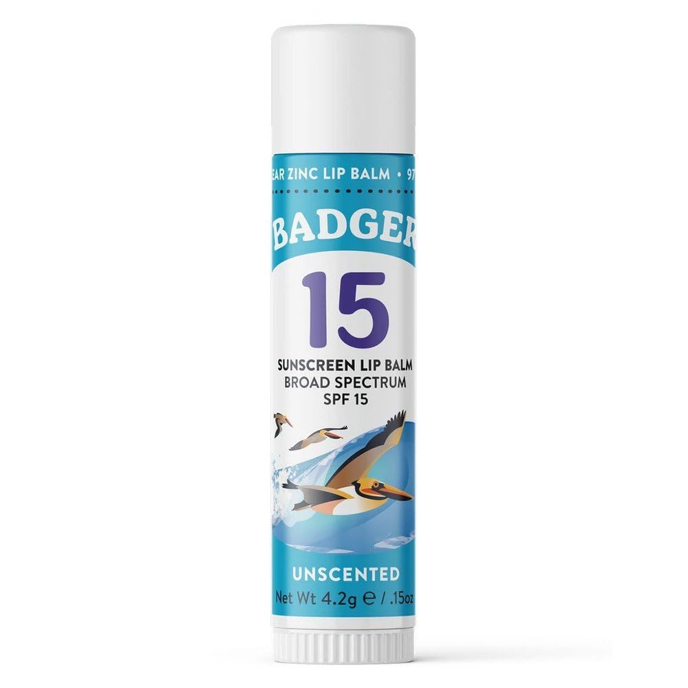 Badger Sunscreen Lip Balm SPF 15 compact stick provides on-the-go lip sun protection.