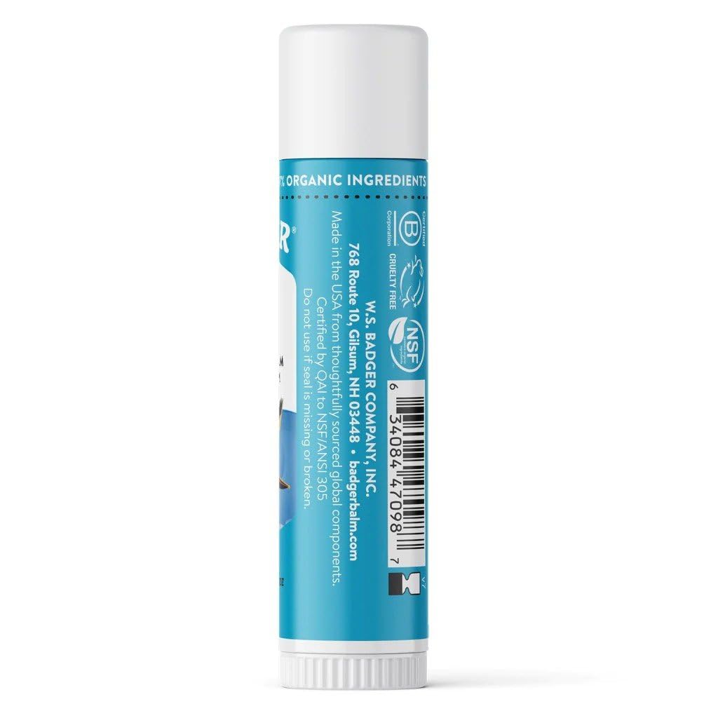 Badger Sunscreen Lip Balm SPF 15 beach scene highlights reef-friendly formula for safer seaside use.
