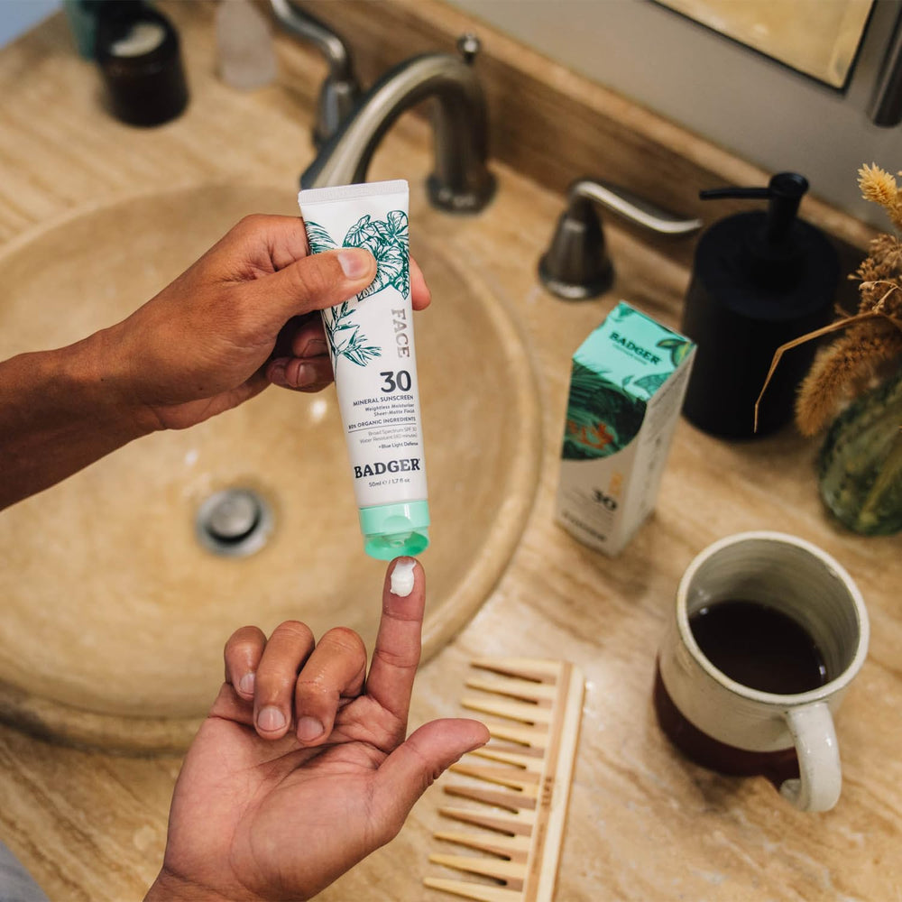 Badger unscented sunscreen ingredients highlight vegan, organic oils and vitamin E.
