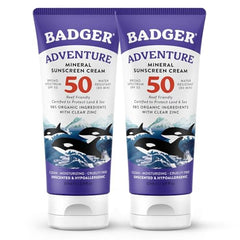 Badger SPF50 reef-safe sunscreen 2-pack bottle ready for outdoor adventures