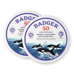 Badger SPF 50 reef-safe sunscreen tin front for sensitive skin protection