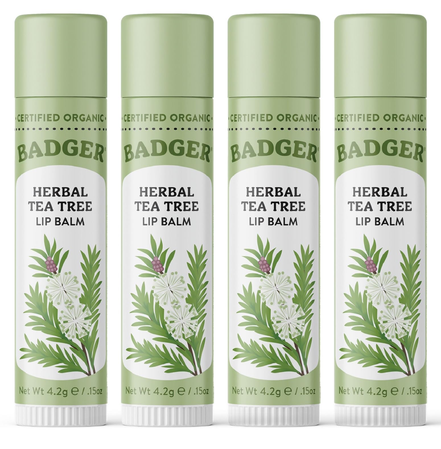 Badger Tea Tree Classic Lip Balm pack shot showing four tubes for soothing lip moisture