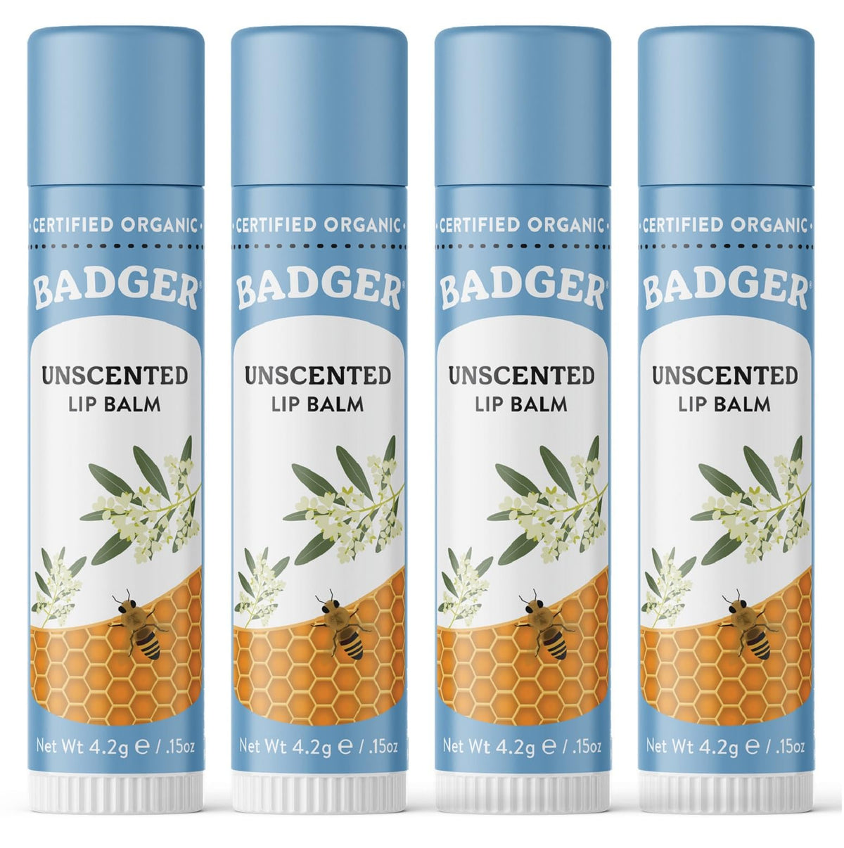 Badger Unscented Classic Lip Balm packaging highlights simple organic lip care.