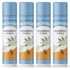 Badger Unscented Classic Lip Balm packaging highlights simple organic lip care.