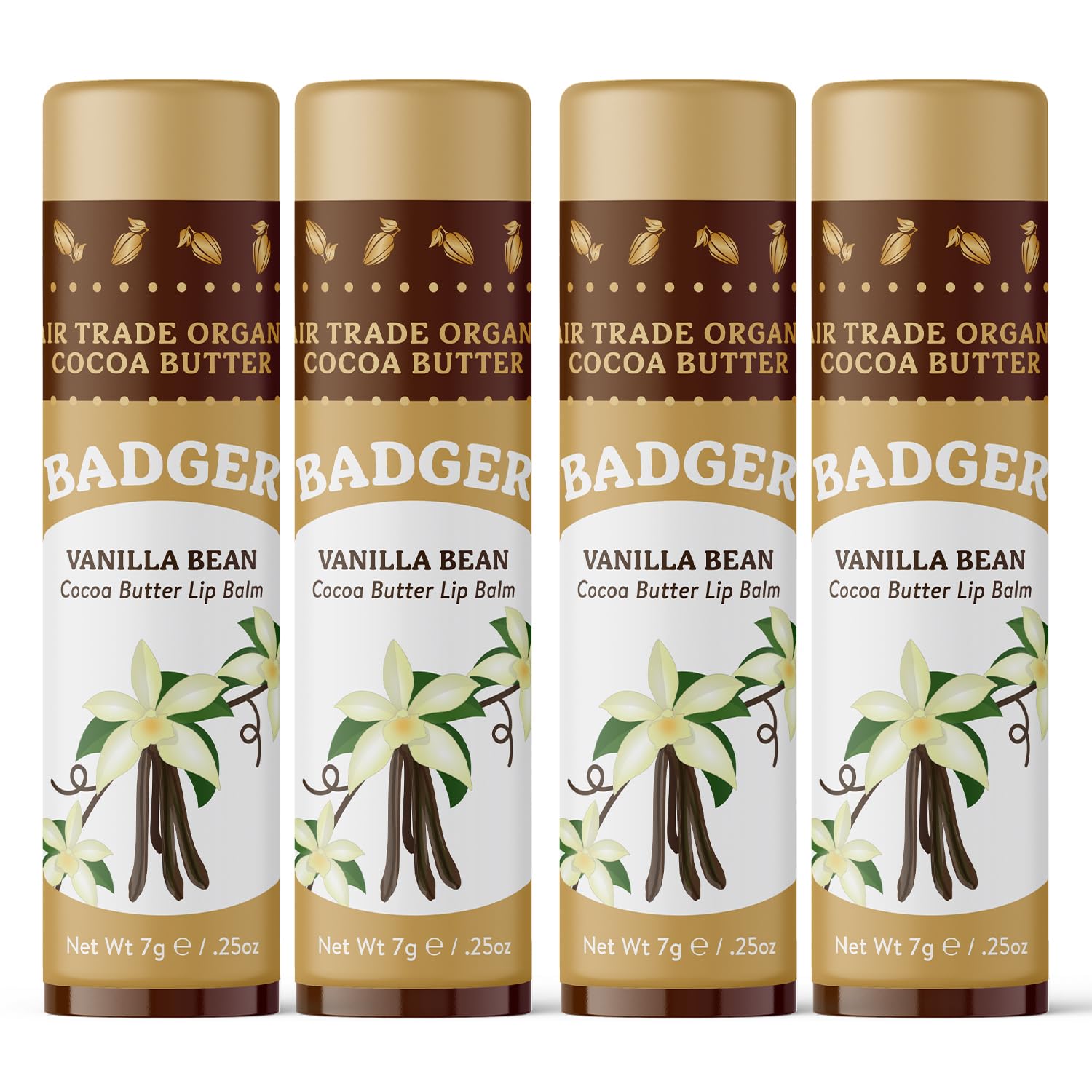 Badger Vanilla Bean Cocoa Butter Lip Balm 4-pack front view offering long-lasting moisture