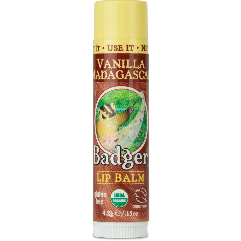 Badger Vanilla Lip Balm bottle delivers smooth moisture for dry lips.