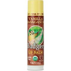 Badger Vanilla Lip Balm bottle delivers smooth moisture for dry lips.