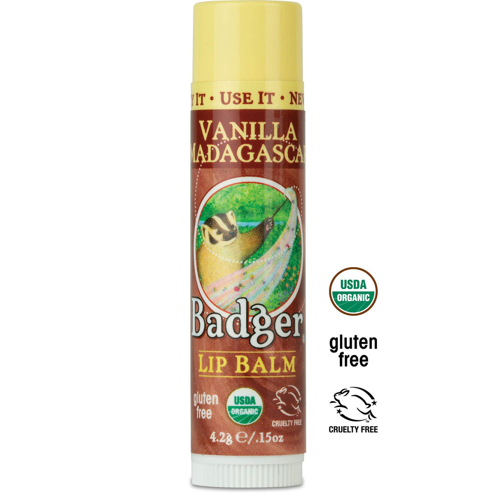 Badger Vanilla Lip Balm application glides on for everyday comfort.