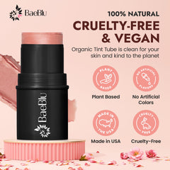 BaeBlu Organic Blush Tube Rose on cheek application for radiant color.