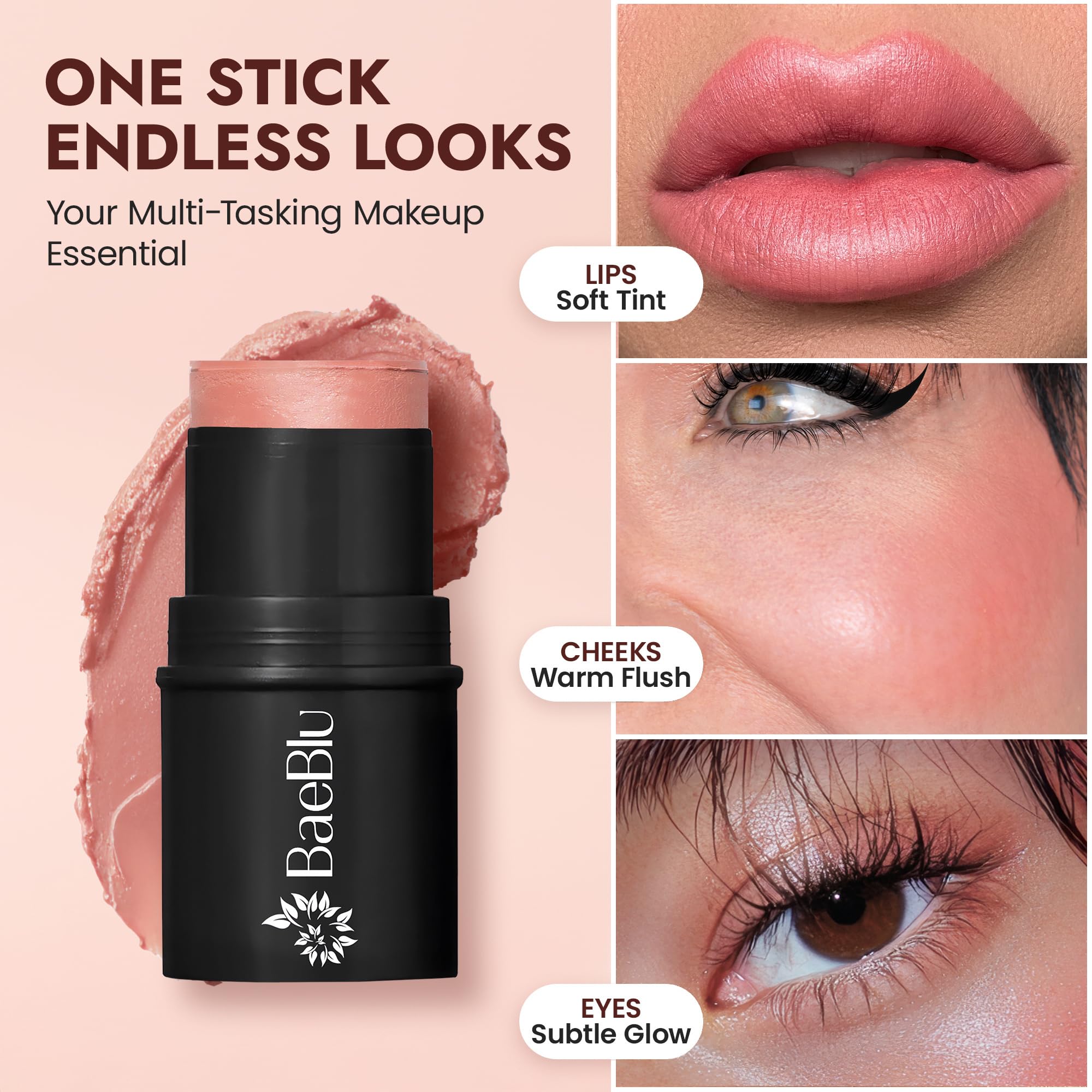 BaeBlu Organic Blush Tube Rose packaging portable for on-the-go beauty.
