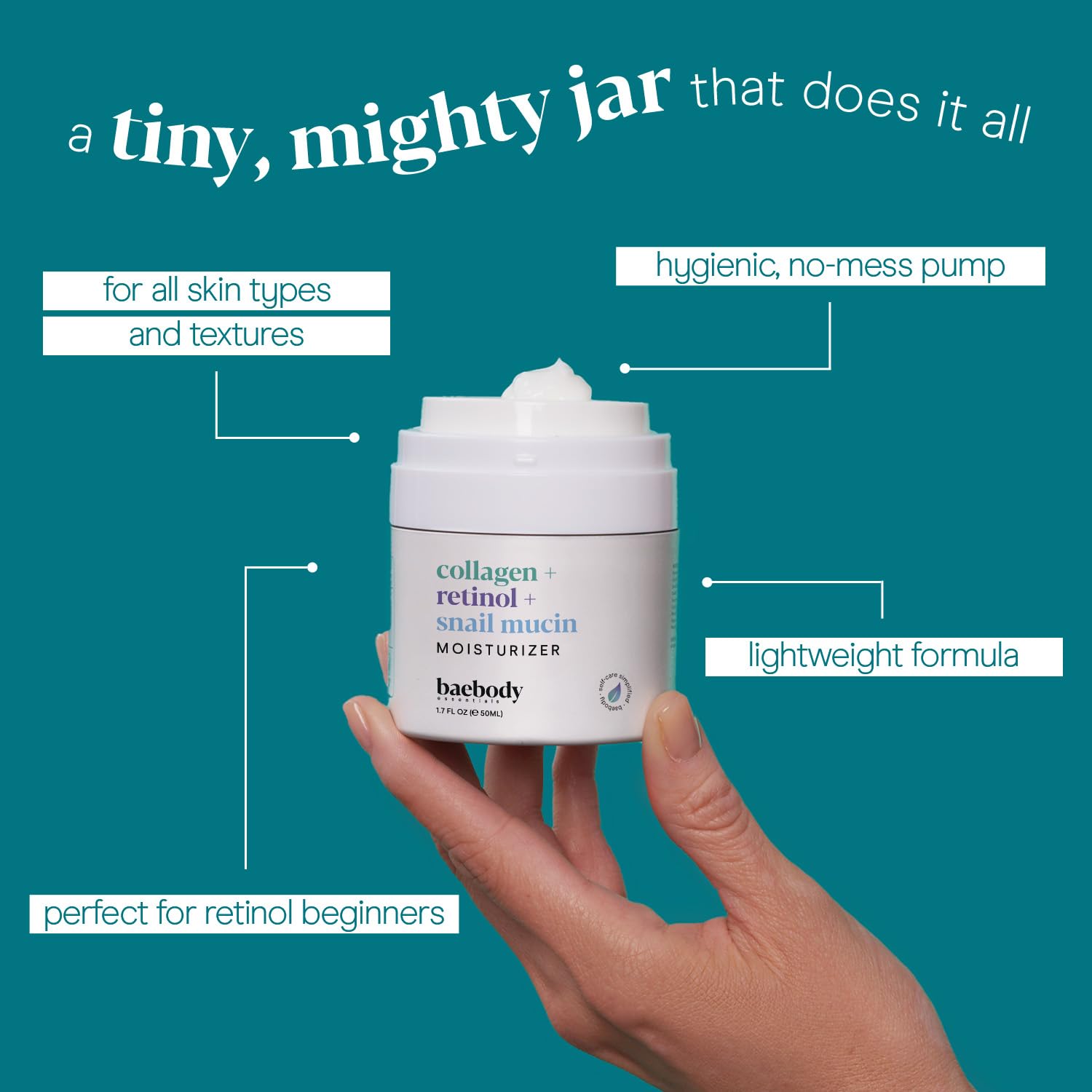 Baebody ingredient focus close-up hints at niacinamide and hyaluronic acid hydration boost