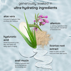Baebody Snail Mucin Mask ingredients close-up featuring snail mucin, hyaluronic acid, and aloe for soothing hydration.