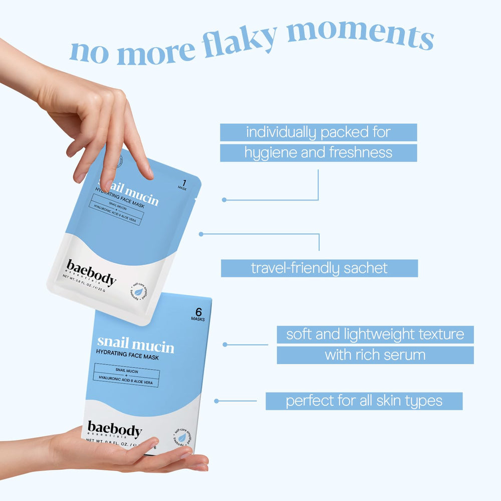 Baebody Snail Mucin Mask on face post-use reveals dewy glow and hydration.