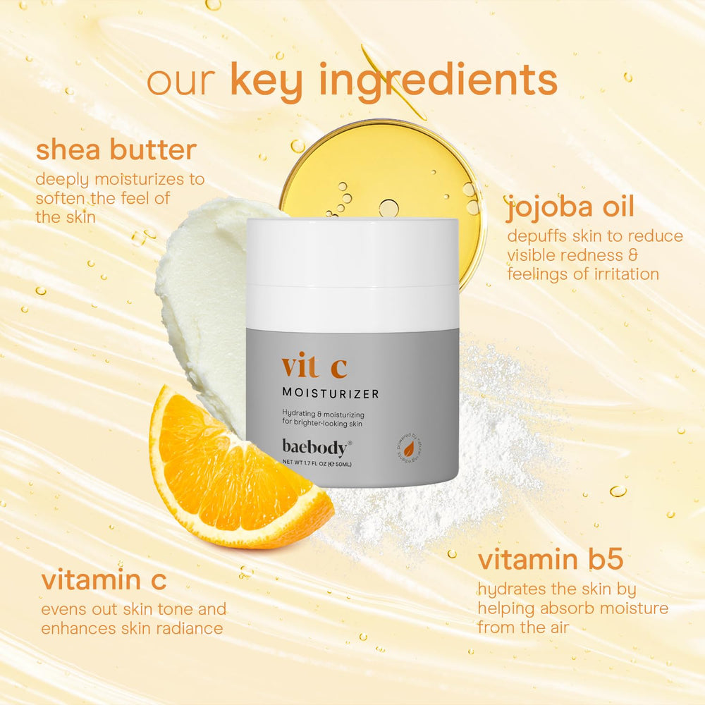 Baebody Vitamin C face moisturizer jar closeup shows lightweight, non-greasy texture.
