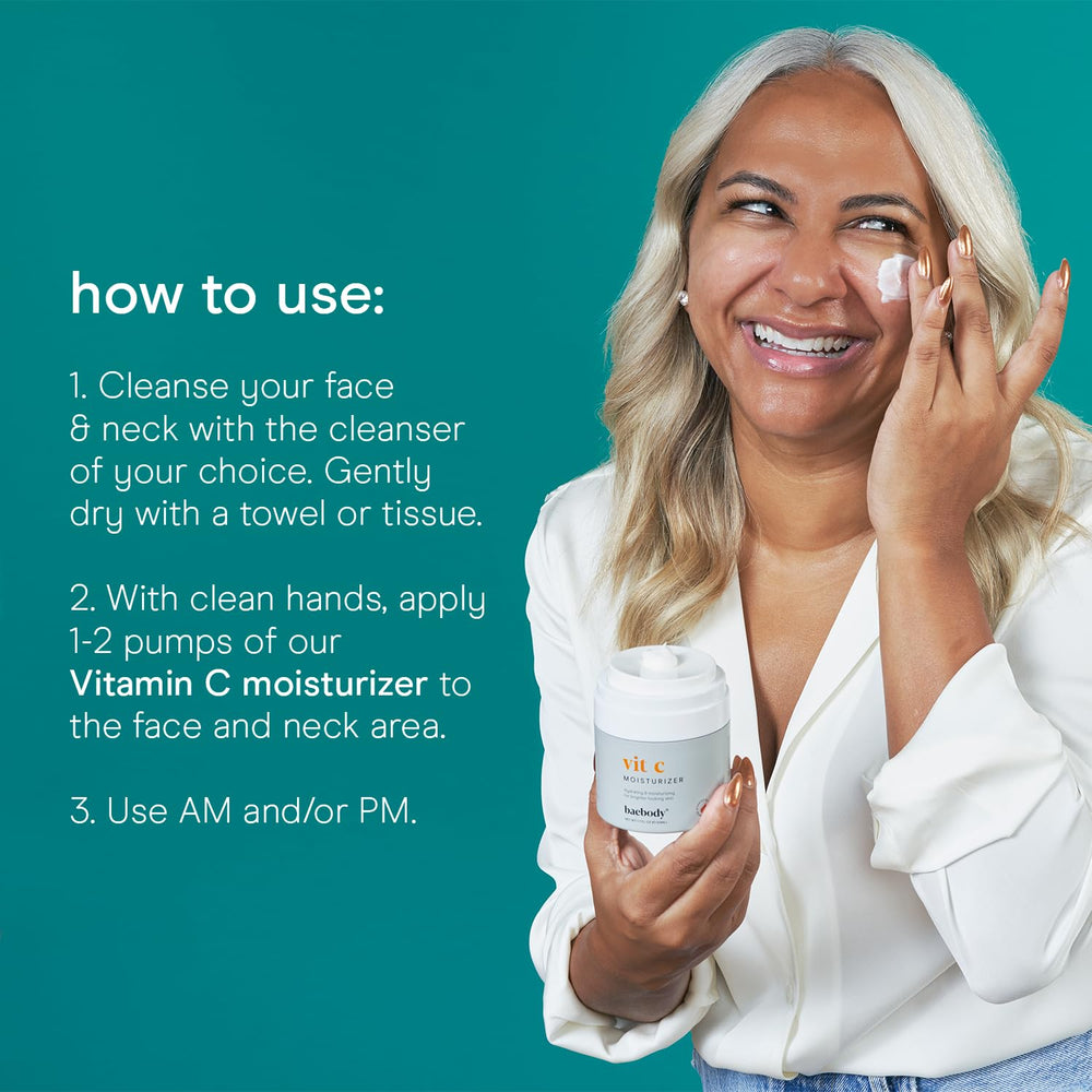 Baebody Vitamin C face moisturizer on skin demonstrates hydration and subtle luminosity.