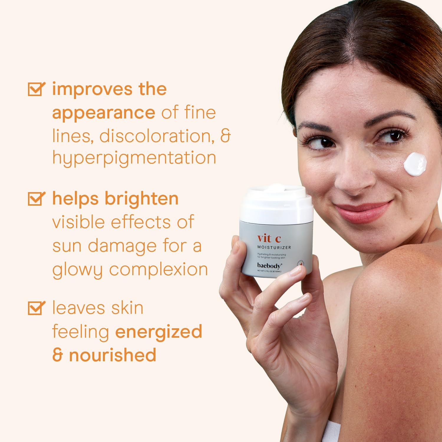 Baebody Vitamin C face moisturizer pump demonstrates hygienic dispensing for clean application.