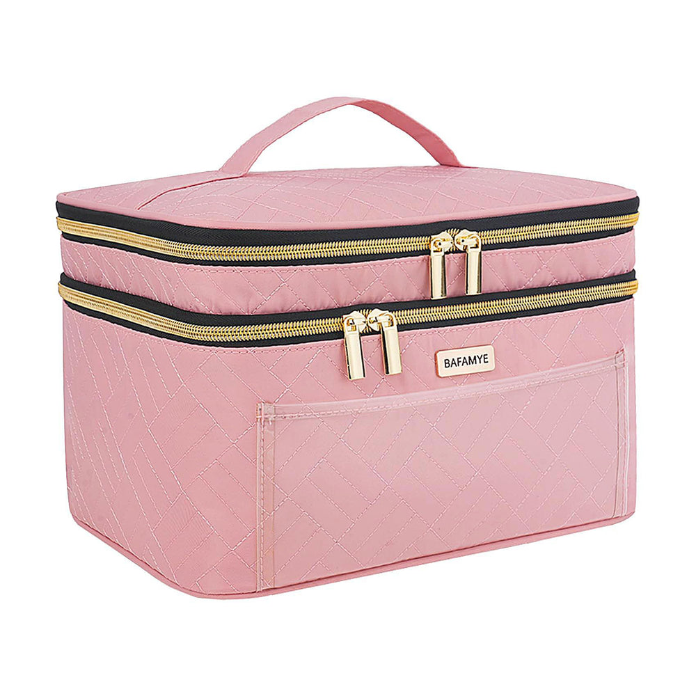 BAFAMYE double-layer makeup bag showing large capacity for travel cosmetics.