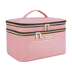 BAFAMYE double-layer makeup bag showing large capacity for travel cosmetics.