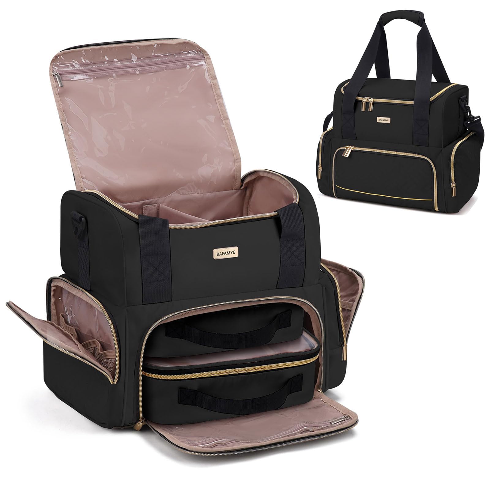 BAFAMYE large makeup travel bag top compartment with dividers for customizable storage.