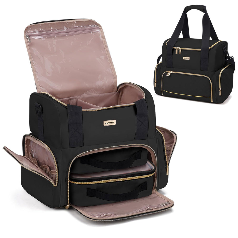 BAFAMYE large makeup travel bag top compartment with dividers for customizable storage.