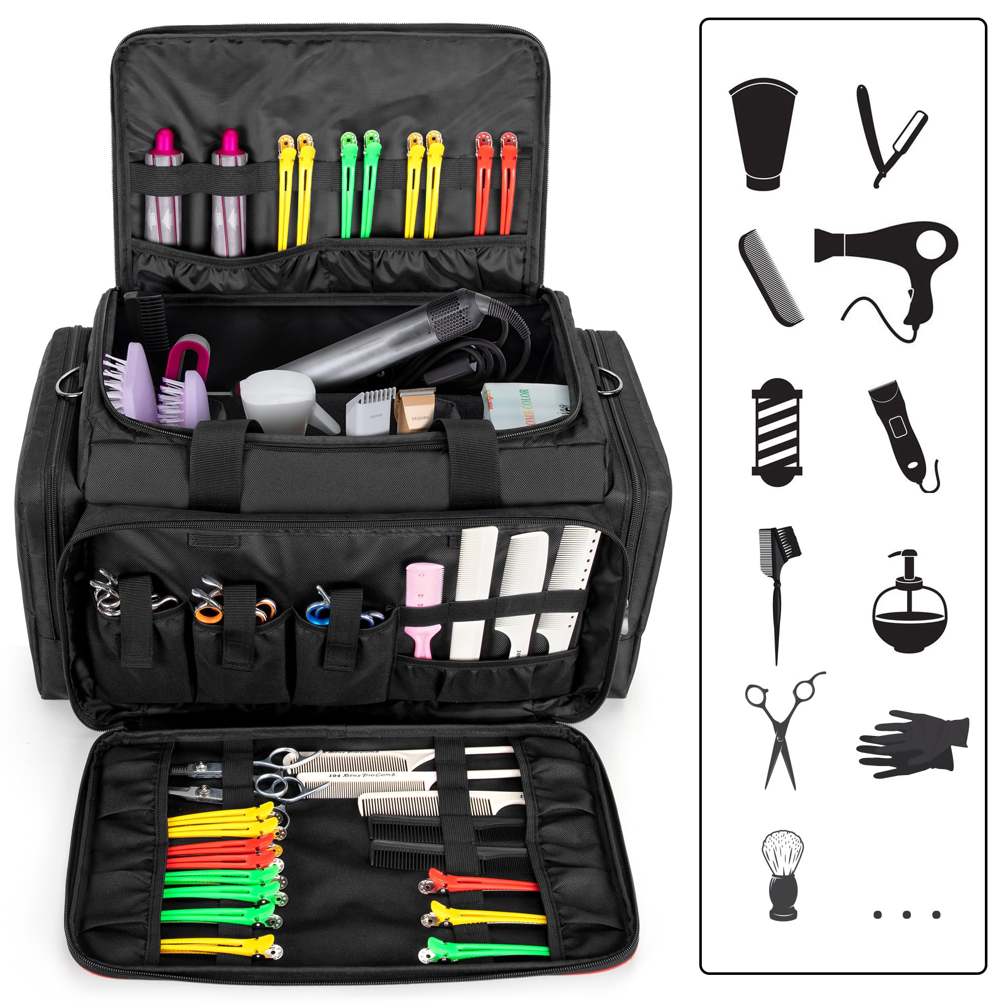 BAFASO hairdresser bag interior with adjustable dividers for large tools.