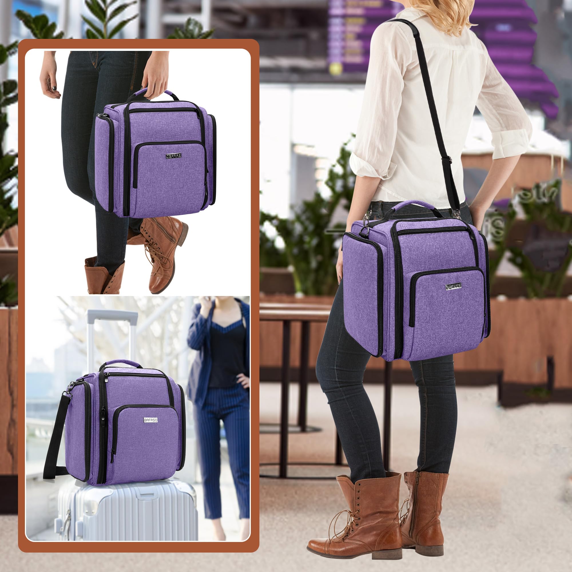 BAFASO makeup bag back strap secures to a suitcase for easy transit