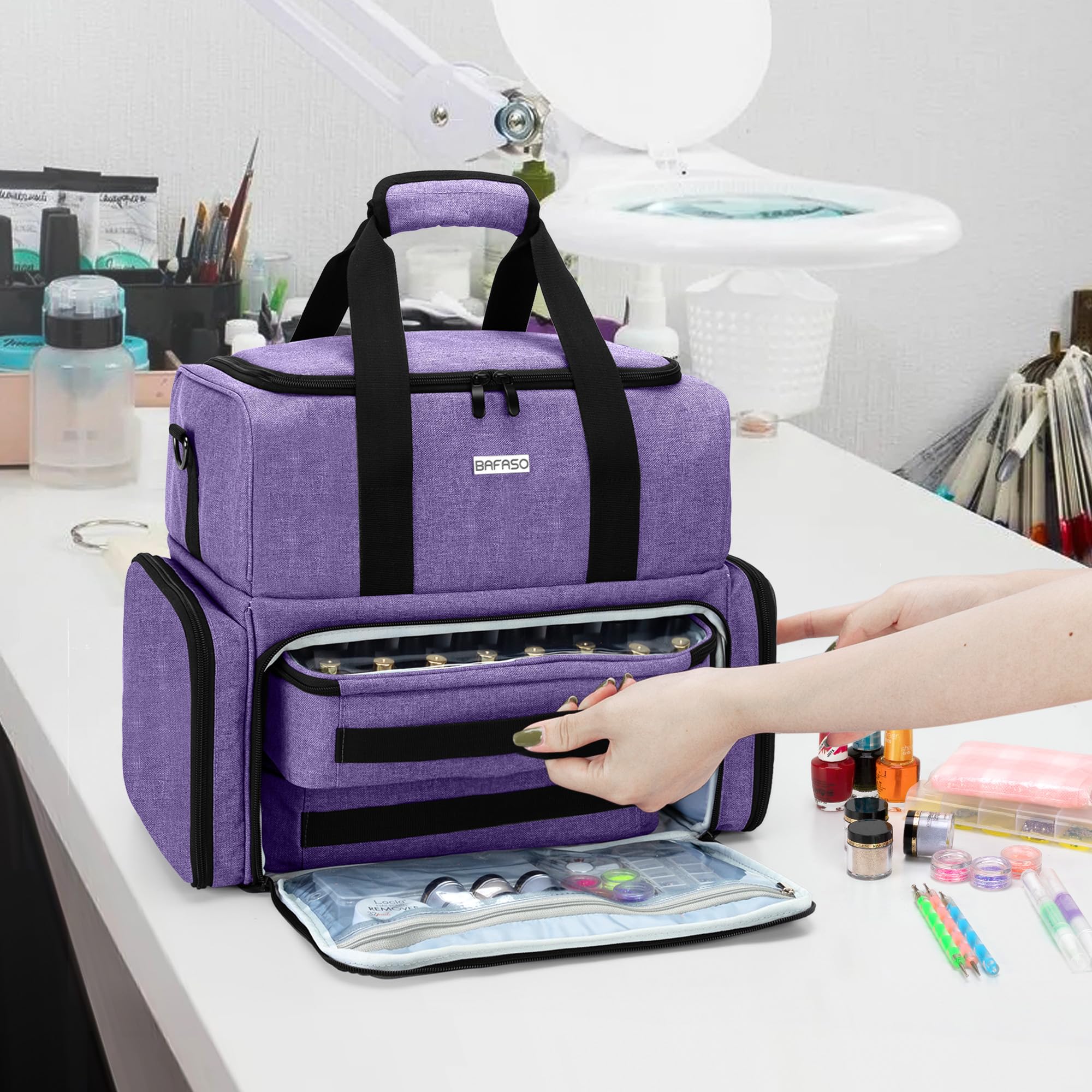 BAFASO nail polish organizer dimensions show a compact closed size for travel storage.