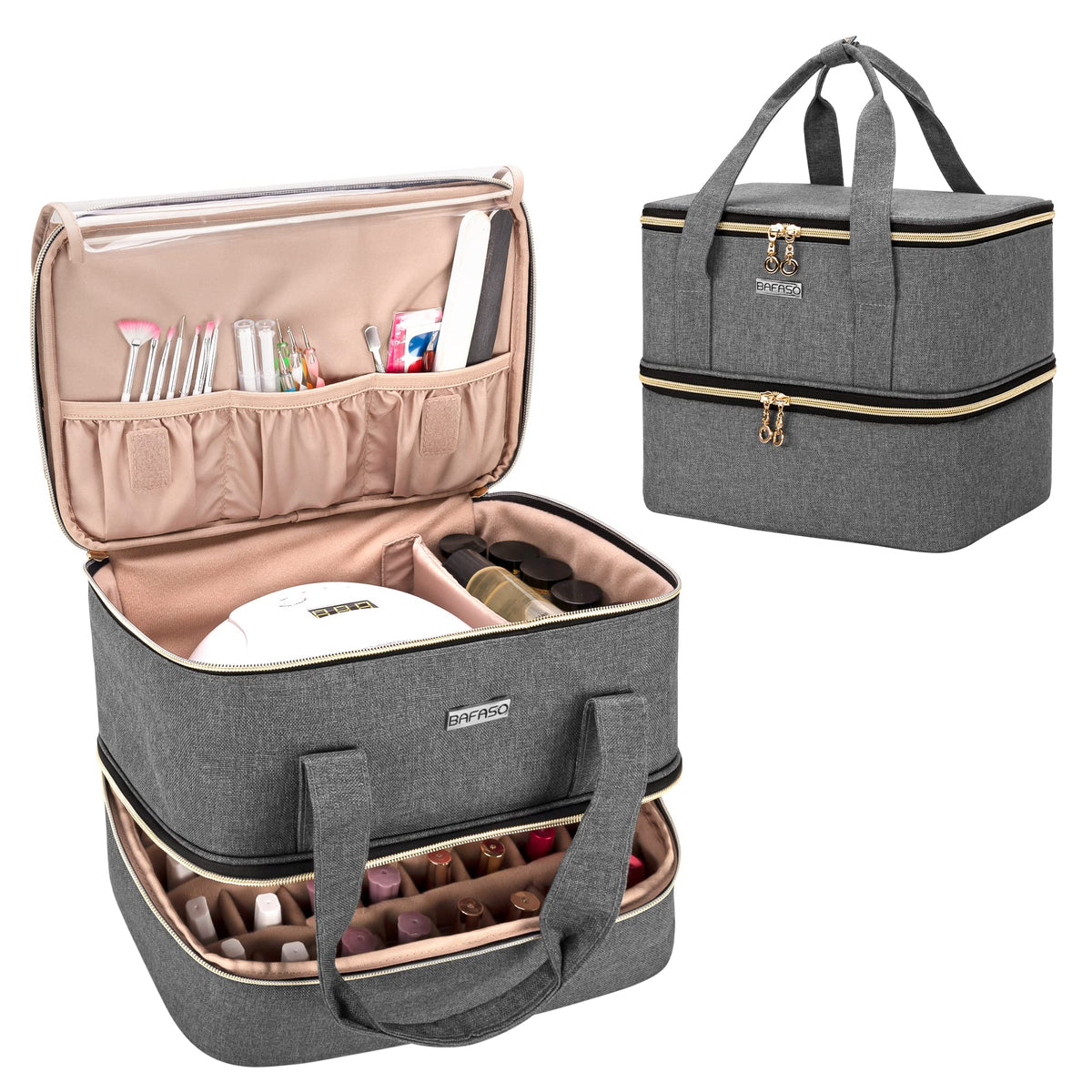 BAFASO nail polish organizer shows 40-bottle capacity for clutter-free cosmetics storage.