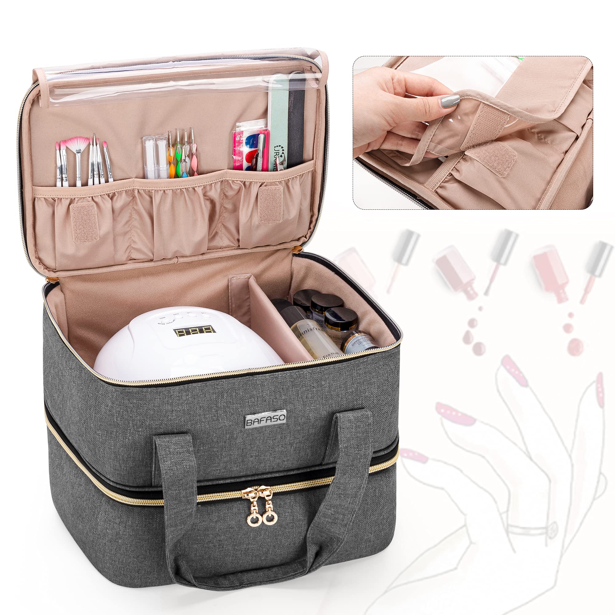 BAFASO nail polish organizer with lamp compartment keeps polish and lighting gear organized.