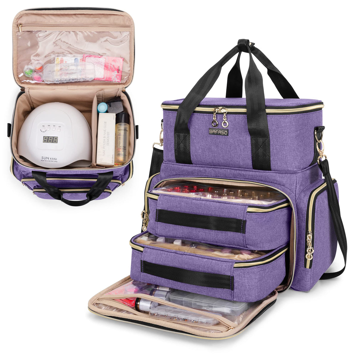 BAFASO nail polish organizer main compartment with 70-slot storage for 15ml bottles.