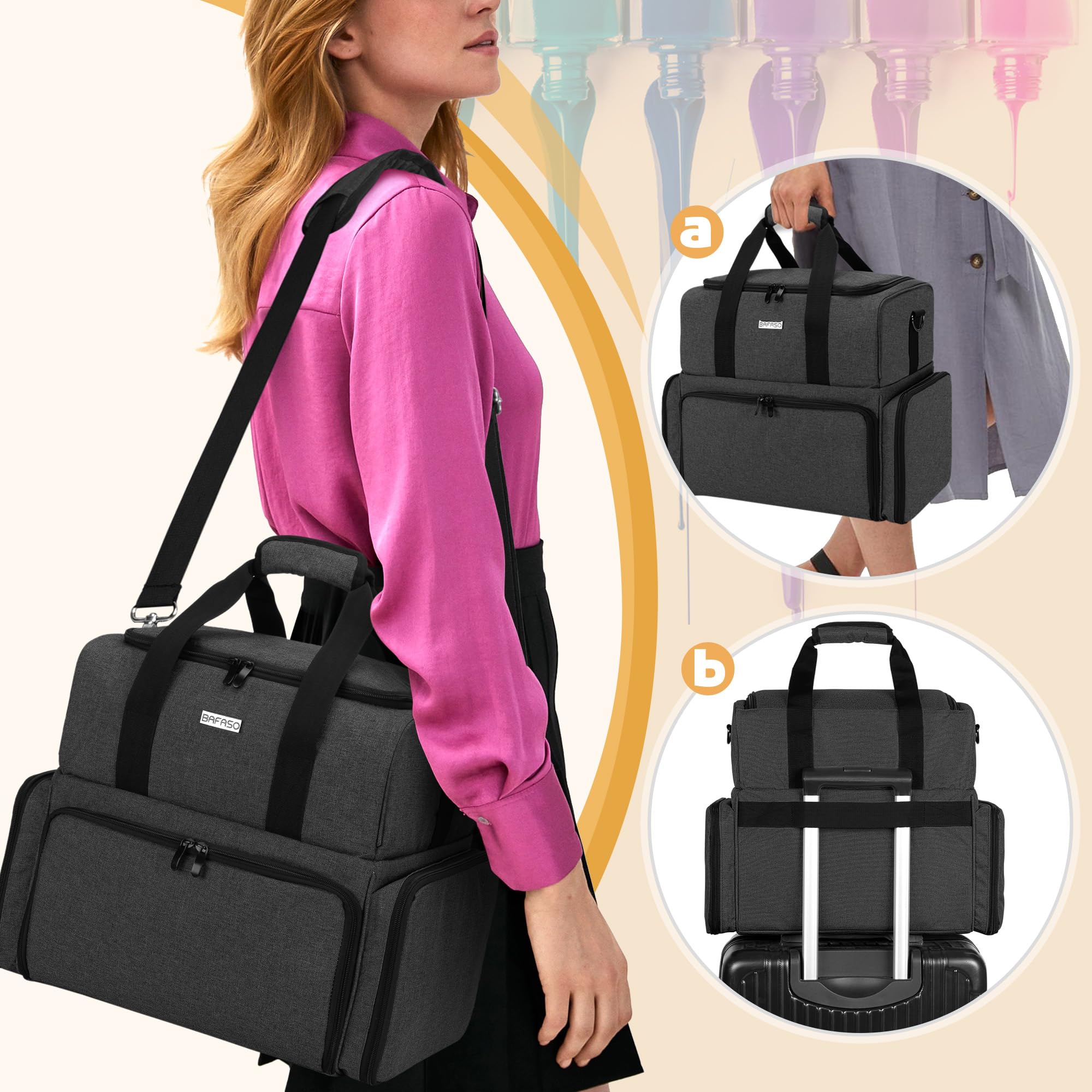 BAFASO Nail Polish Organizer adjustable strap and handles for easy transport.