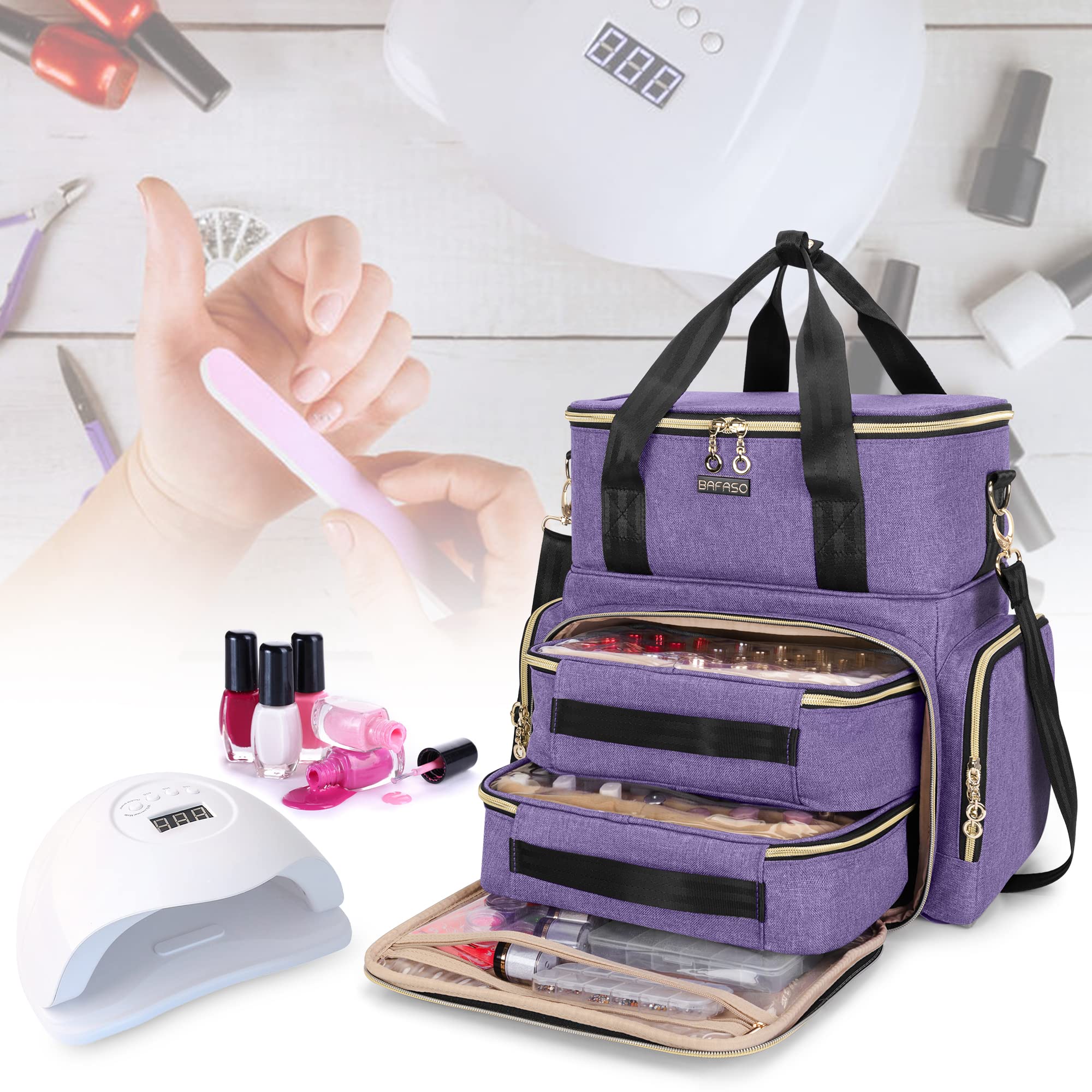 BAFASO nail polish organizer suitcase back-strap for travel setup.