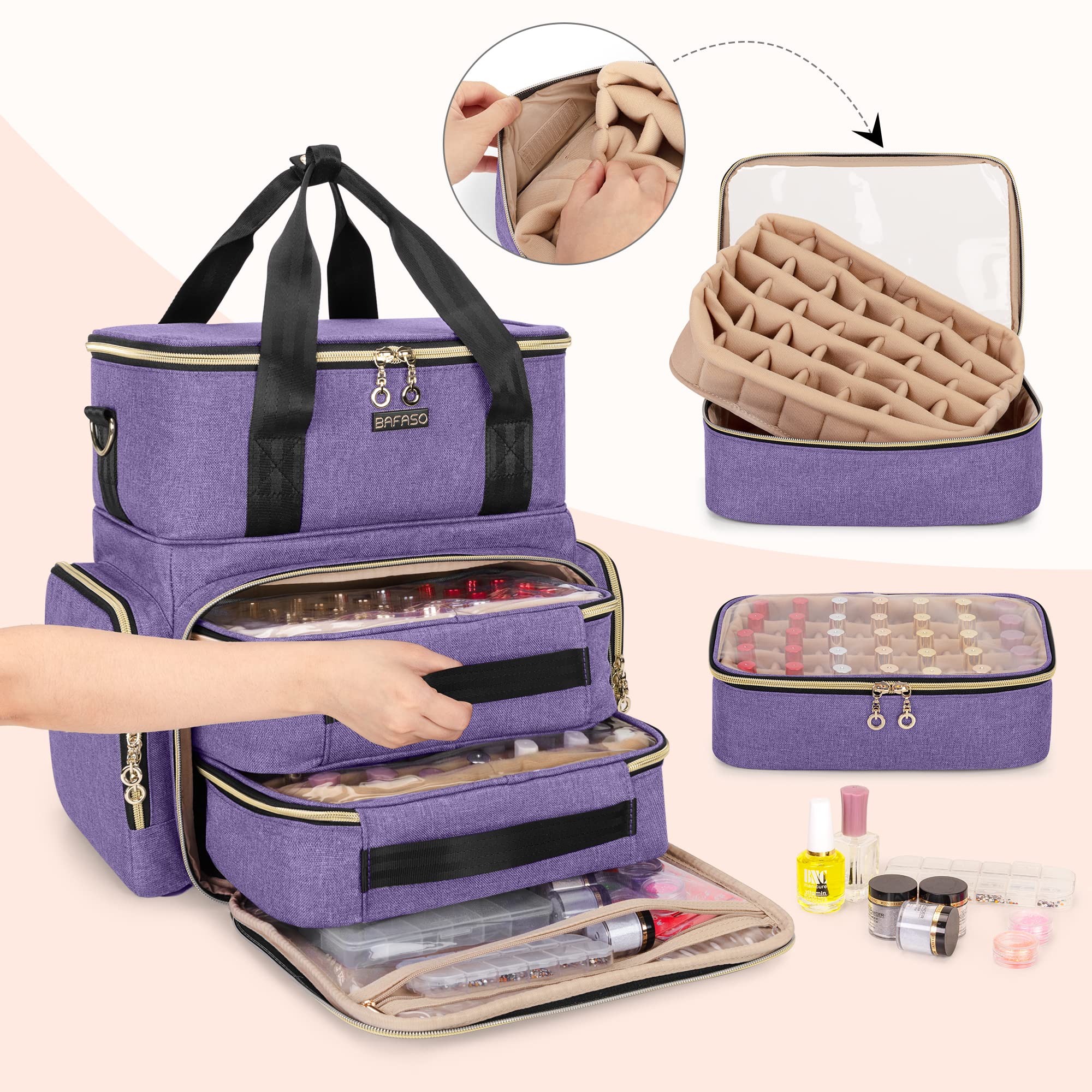 BAFASO nail polish organizer upper compartment shows lamp and tools space.