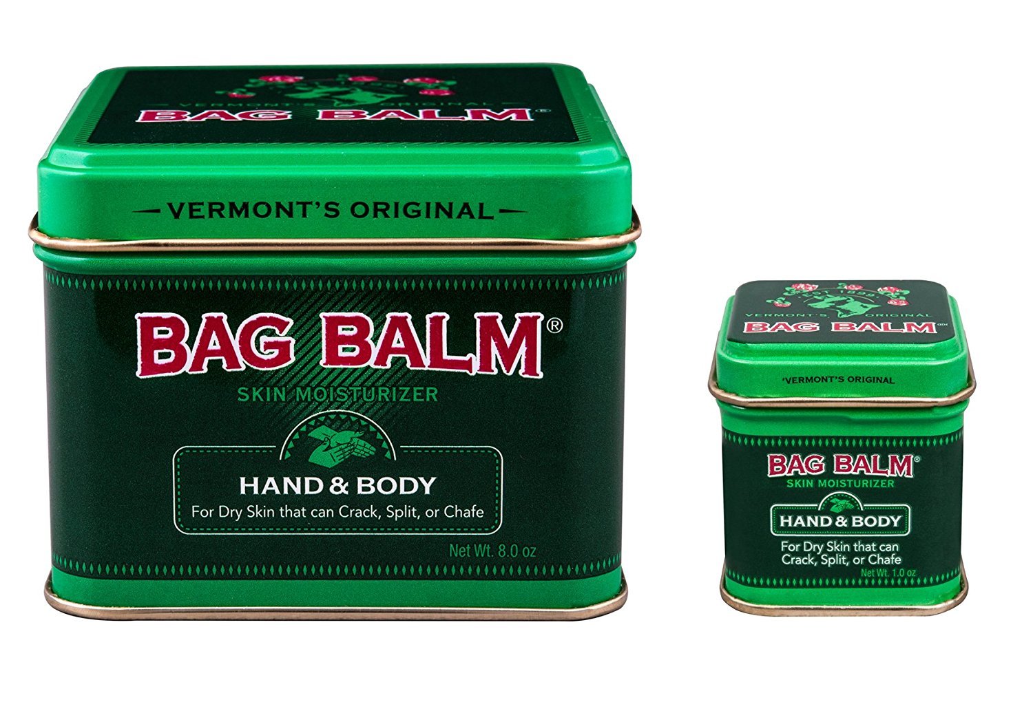 Bag Balm 2 Pack with 8 oz and 1 oz bottles for versatile skin care.