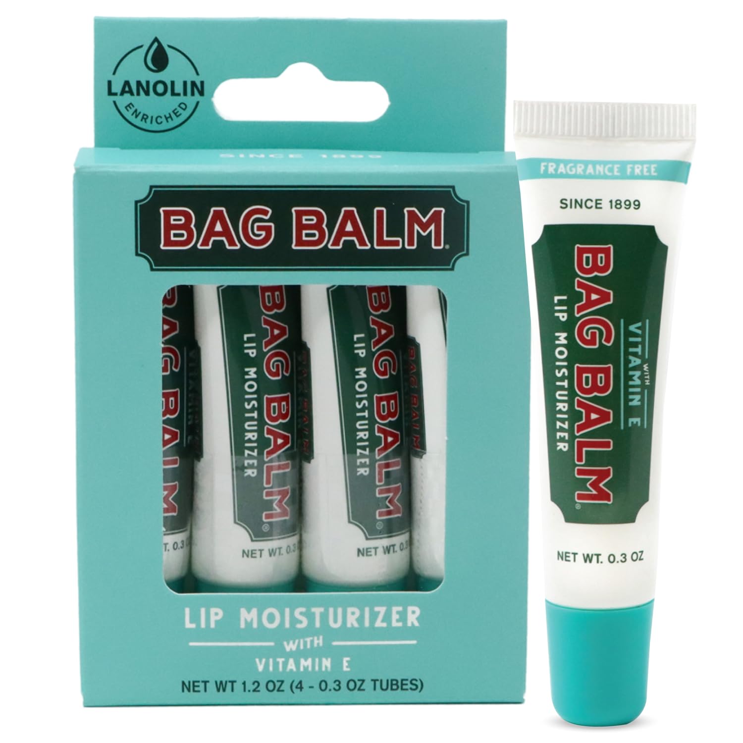 Bag Balm fragrance-free lip balm tube closeup with Vitamin E for daily lip moisture