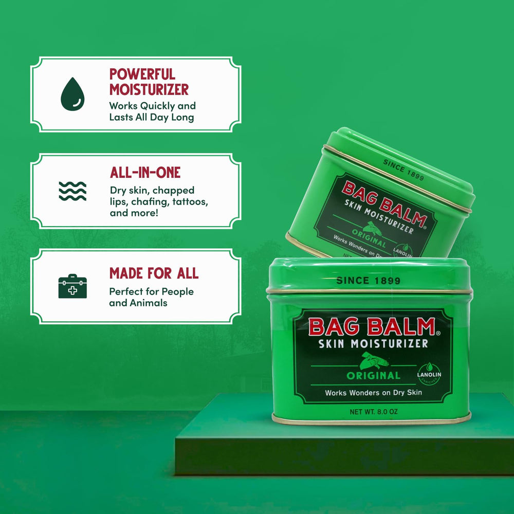 Bag Balm fragrance-free packaging emphasizes universal skin safety.