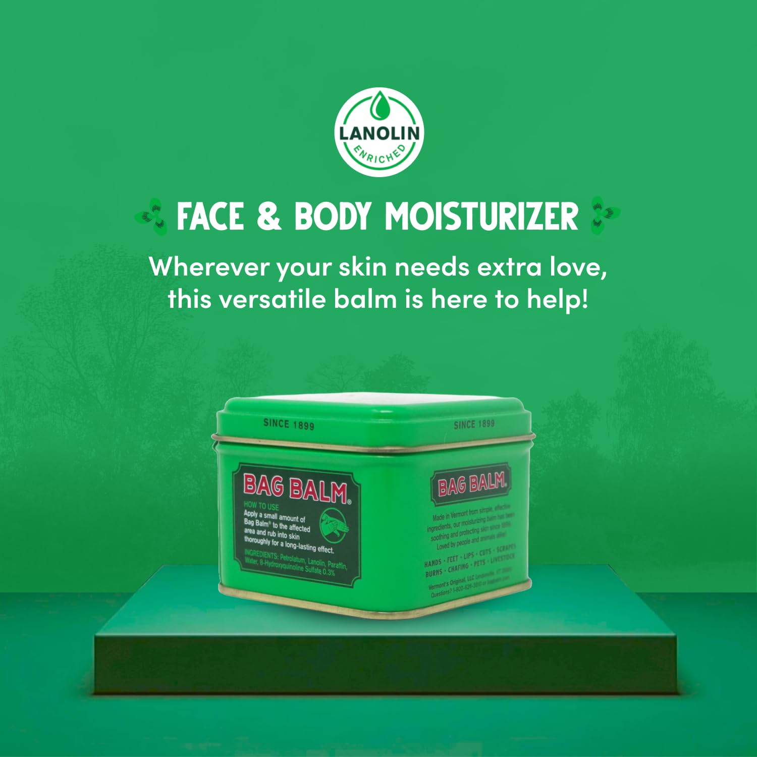 Bag Balm ingredients include lanolin and petrolatum for moisture.