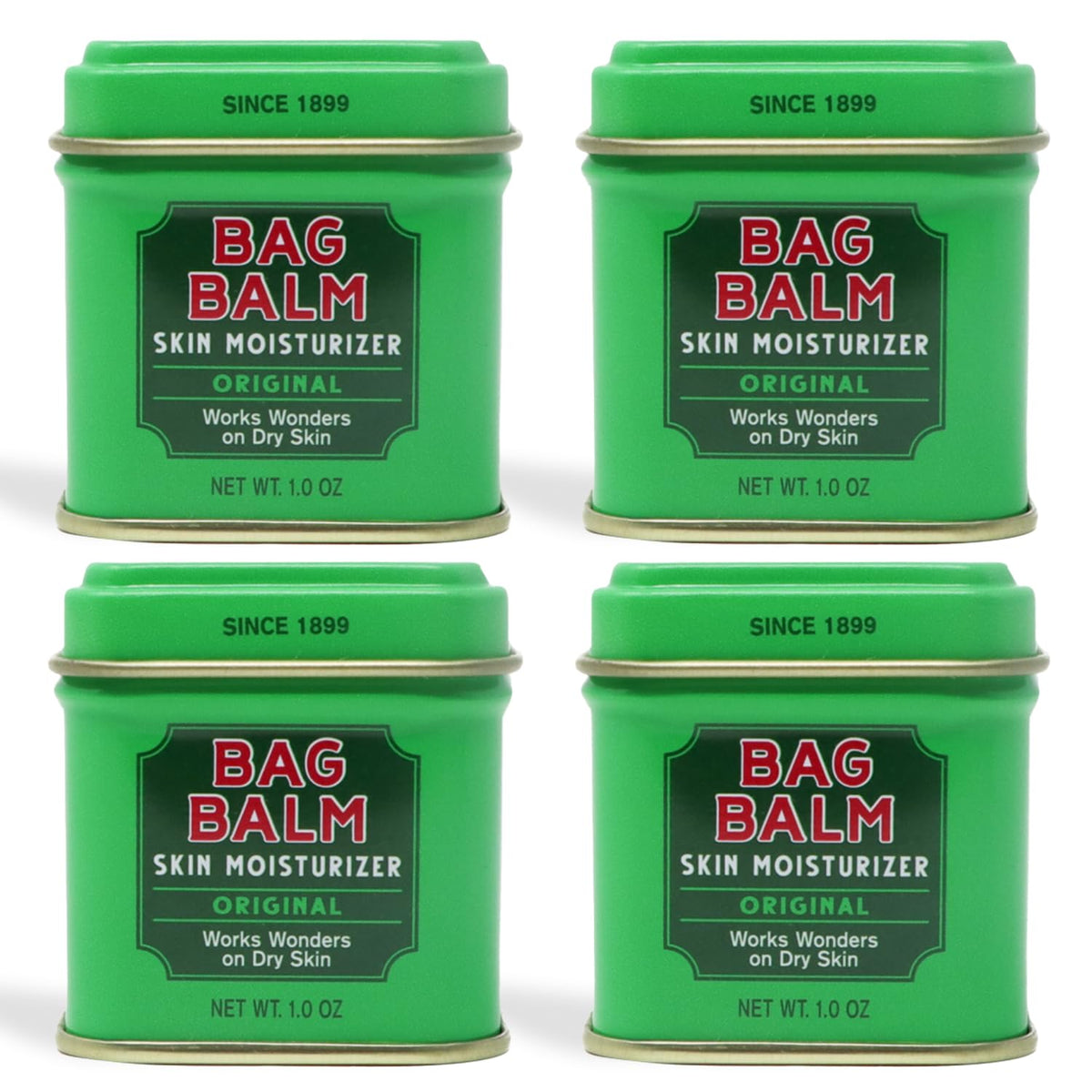 Bag Balm Original Ointment tin 4-pack front view for on-the-go skin care