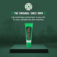 Bag Balm Original lip balm tube being applied to lips for moisture.
