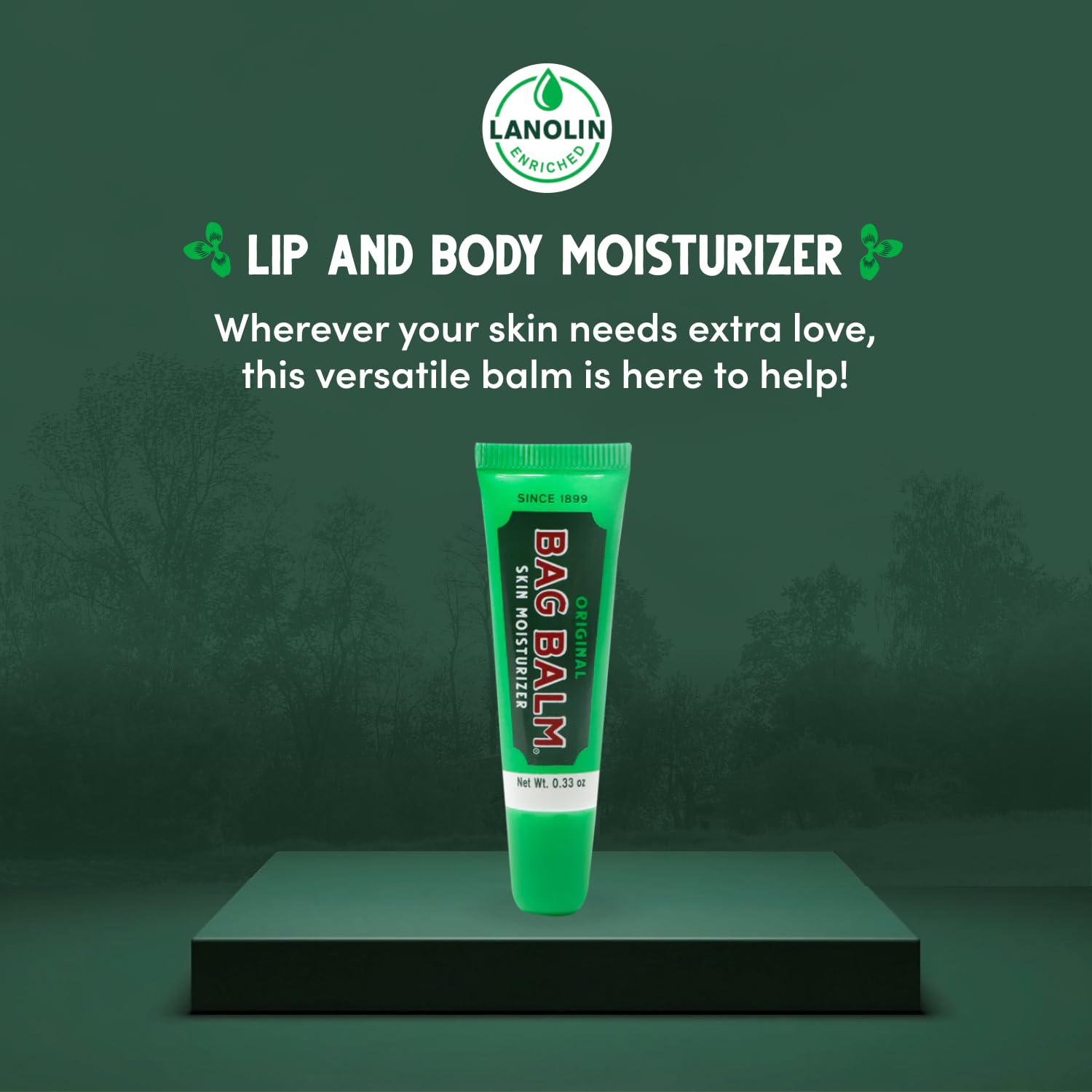 Bag Balm Original lip balm tube in hand for dry hands or cuticle care.